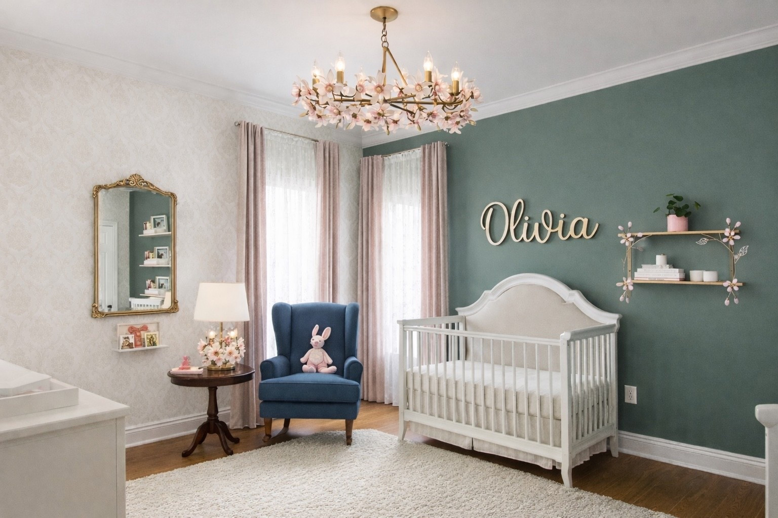 Soft, timeless nursery design featuring a custom wooden name sign, sage green accent wall, and neutral baby room decor. This space blends modern vintage nursery style with cozy textures—plush ivory rug, blush blackout curtains, and a classic white crib for a calming, elegant feel. The upholstered crib, antique gold mirror, and blue nursery chair create a high-end look that’s both functional and beautiful. Perfect inspiration for a baby girl nursery, neutral nursery ideas, or personalized nursery decor.

Shop this nursery look for: custom name signs, sage green nursery walls, baby girl nursery decor, neutral nursery furniture, nursery wall decor, crib styling ideas, cozy nursery rugs, and elegant nursery accents.

#nurserydecor #babygirlnursery #nurseryideas #nurseryinspo #neutralnursery #customnamesign #nurserydesign #sagegreennursery #babyroomdecor #ltkhome #ltkfamily #ltkbaby #nurserystyling #cozynursery #modernnursery #vintagenursery #cribdecor #nurserywallart #babyroominspo #homedecorinspo

#LTKBump #LTKBaby #LTKKids