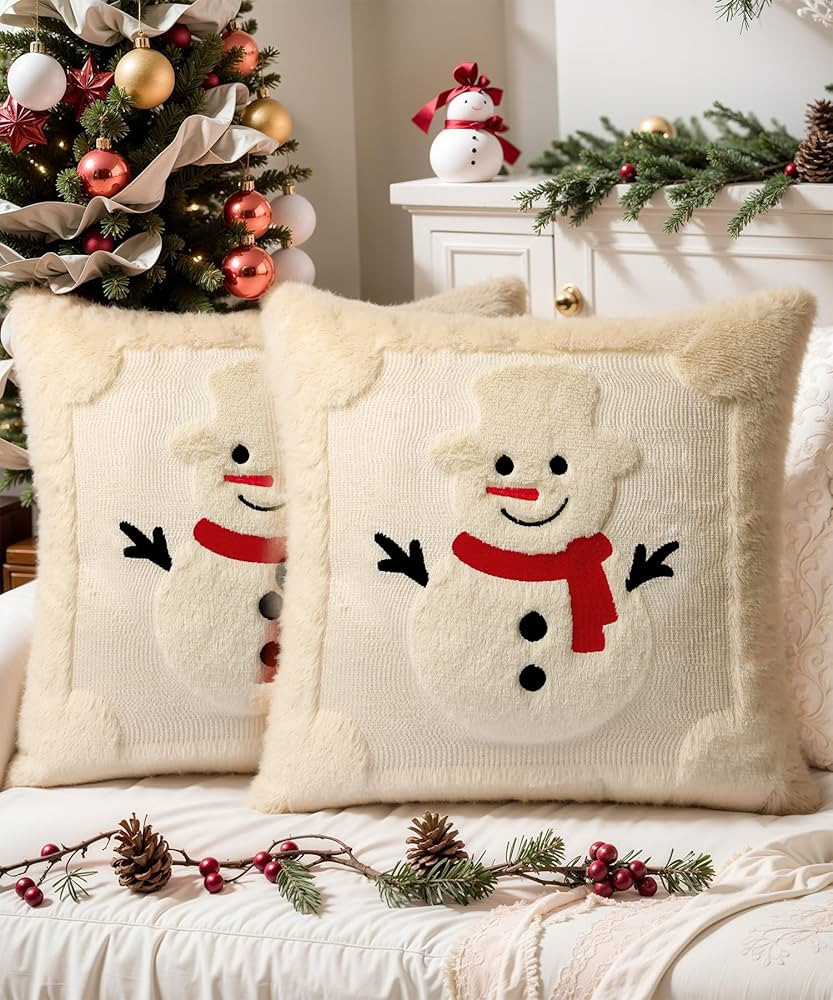 Christmas Pillow Covers 18x18 Set of 2 Decorative Soft Plush Faux Rabbit Fur Christmas Snowman Pi... | Amazon (US)