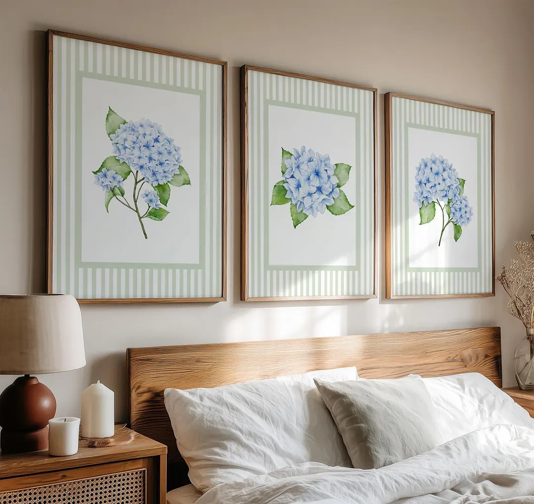Striped Hydrangea Print Set of 3, French Country Wall Art, Vintage Floral, Antique, Coastal Grand... | Etsy (US)