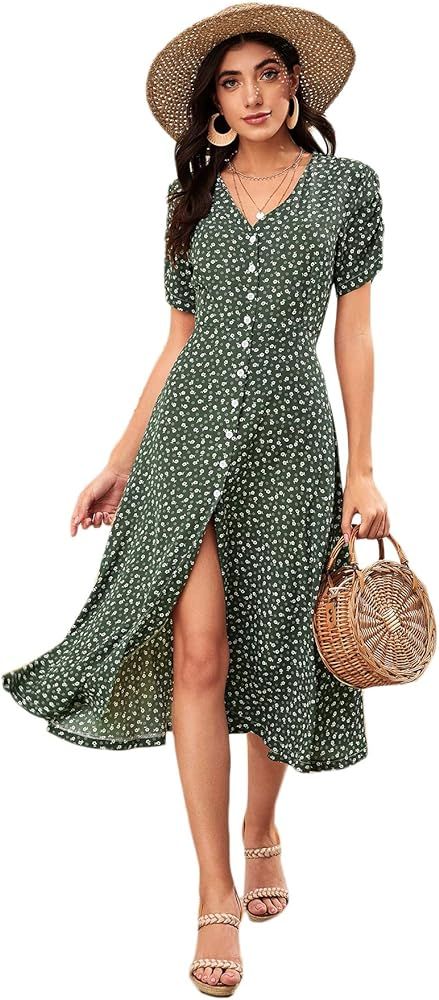 Floerns Women's Floral Print Button Up Short Sleeve Split Hem Flowy A Line Maxi Dress | Amazon (US)