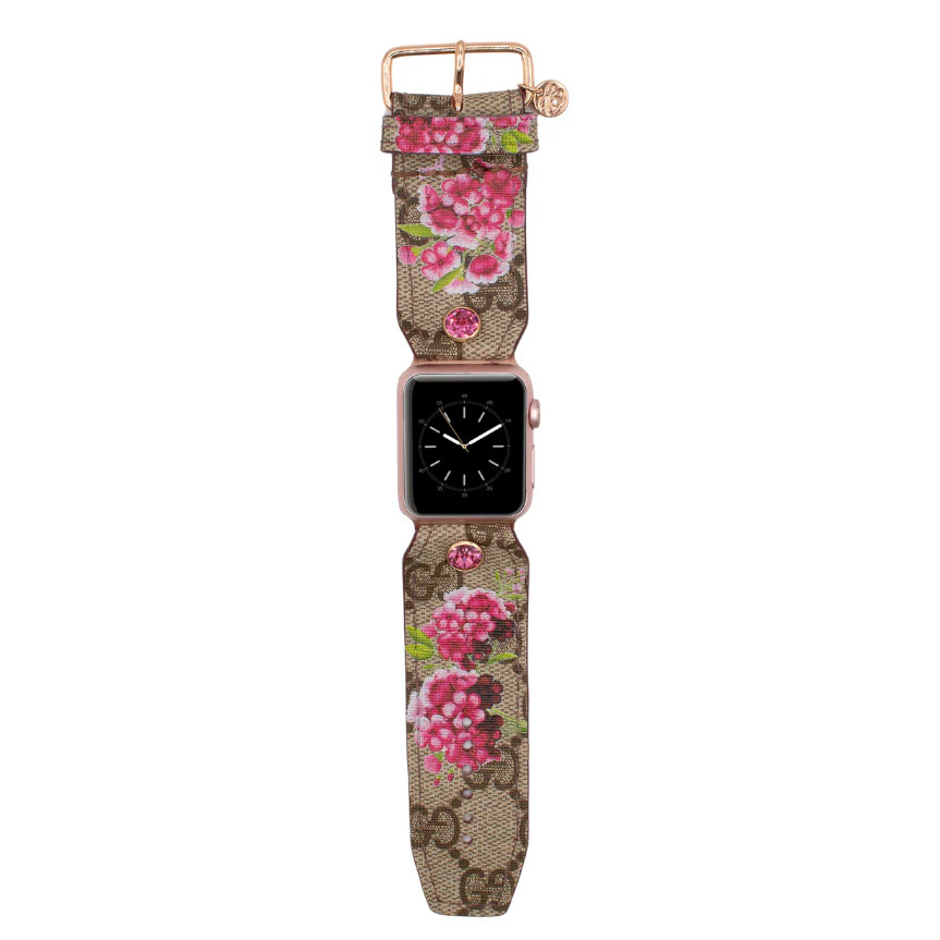 Limited Edition - "Burgundy Blooms" on Upcycled Brown Webbed GG Watchband | Sparkl