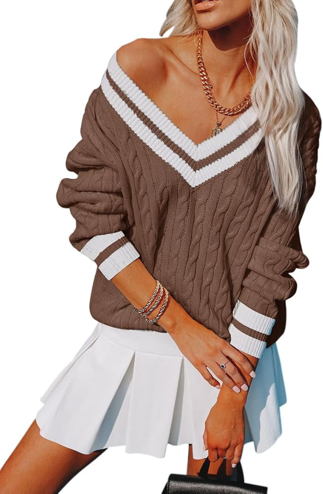Womens V Neck Oversized Sweaters Long Sleeve Cable Knit Pullover Striped Chunky Sweater Casual Te... | Amazon (US)