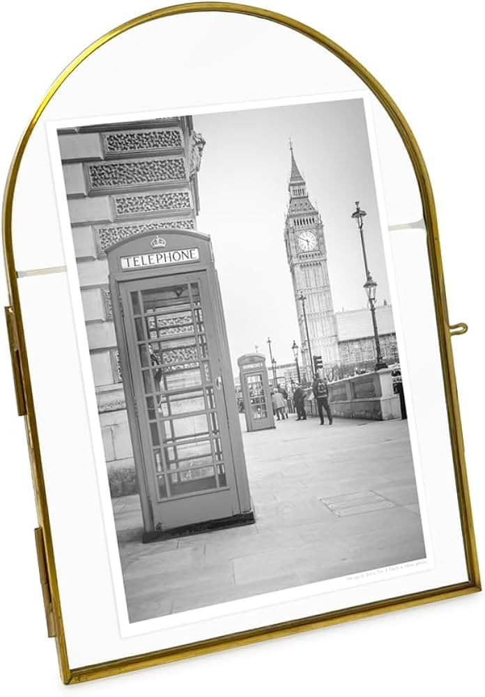Isaac Jacobs 5x7 Vintage Style, Arched Brass & Glass Metal Floating Picture Frame with Locket Clo... | Amazon (US)