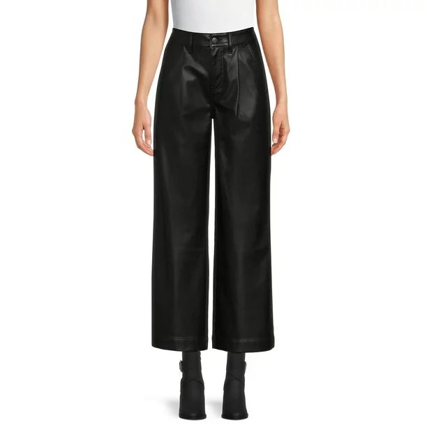 Time and Tru Women's Mid Rise Faux Leather Wide Leg Trousers, 31" Inseam - Walmart.com | Walmart (US)
