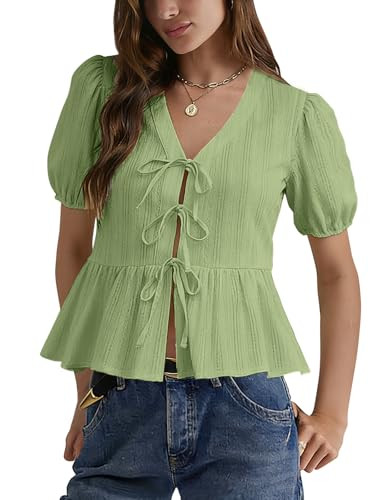 Women\u2019s Puff Sleeve Peplum Babydoll Tops Tie Front Cotton T Shirts Summer Casual Loose Fit F... | Amazon (US)