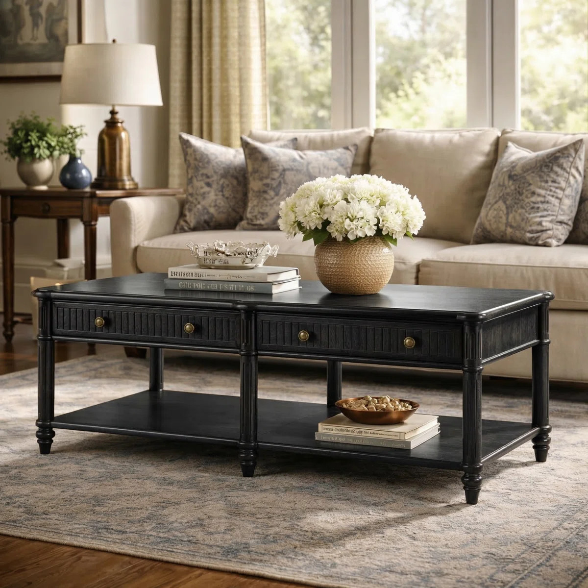 Hoai Derk Transitional 47"W Spindle Fluted Rectangular Storage Coffee Table with Solid Wood Drawe... | Wayfair North America
