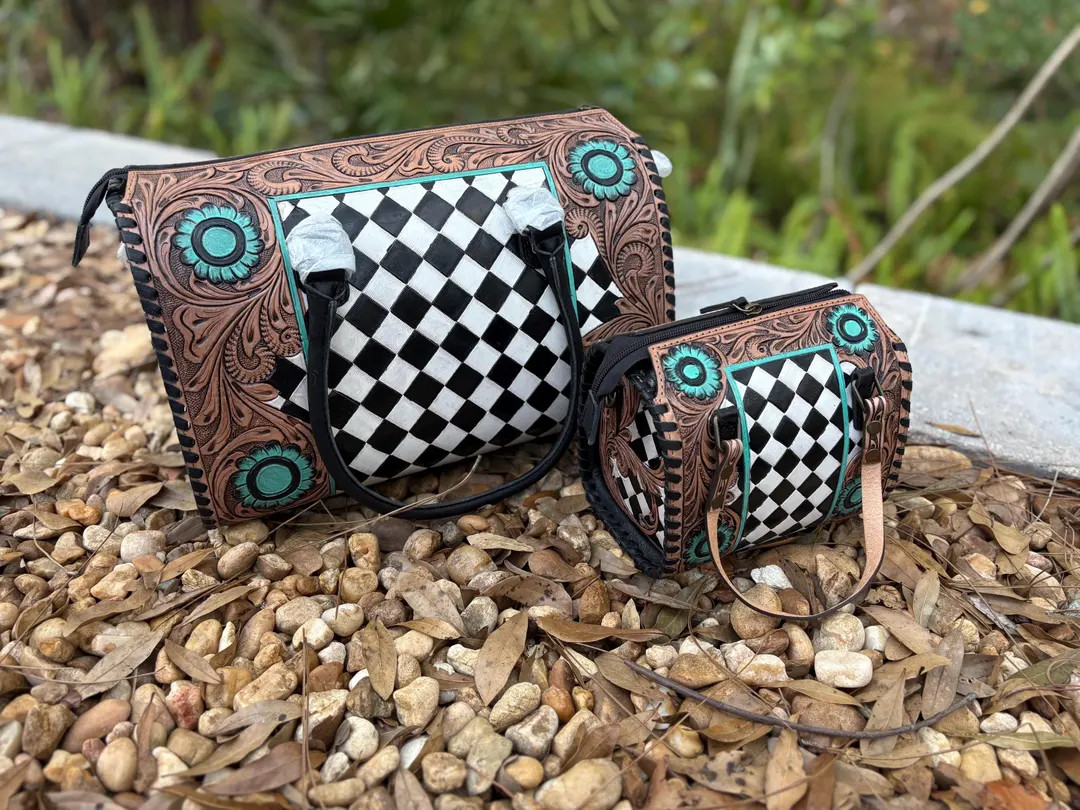 Black White Checker Concho Blossom Tooled Leather Speedy Bag - Western Charm Purse. Crossbody Bag... | Etsy (US)