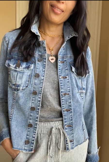 Spring outfit. Vacation outfit. 
Convertible necklace and heart charm are part of a sale @sequinjewelry. 25-30% off. Tank top true to size. Pants true to size and also 40-50% off. Denim jacket  

#LTKsalealert #LTKover40 #LTKstyletip