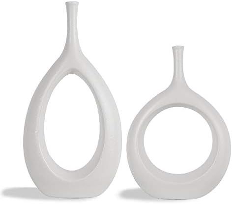 SANFERGE Set of 2 White Ceramic Flower Vase, Hollow Oval Vase for Home Décor Office Decoration, Mode | Amazon (US)