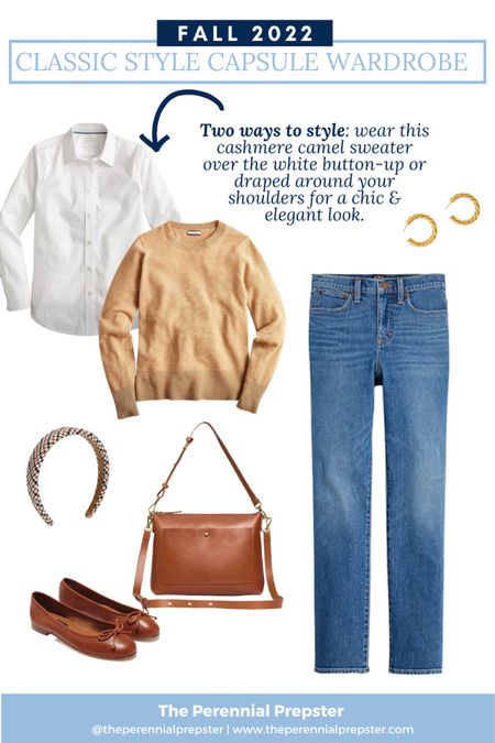 Classic style outfit inspo / fall outfit idea /  cashmere sweater / ballet flats / leather tote / white button up / classic timeless style / preppy style / mom style 

#LTKSeasonal #LTKstyletip