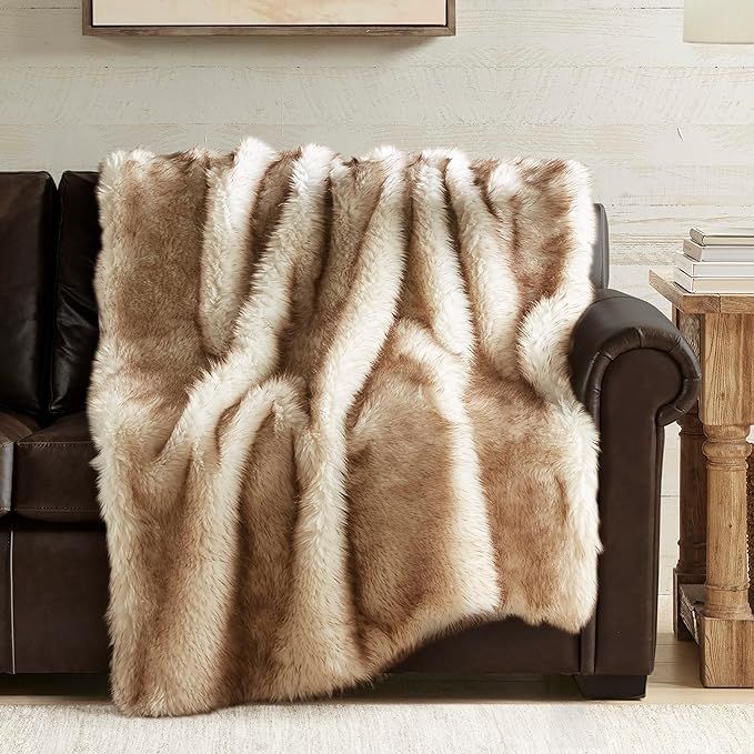 Hyde Lane Faux Fur Throw Blanket - Ultra Long Pile, Luxury Fluffy Fox Golden with Brown Tipped Bl... | Amazon (US)