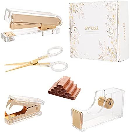 SIRMEDAL Modern Acrylic Gold Desk Stationery Bundle Kit - Set of 6.5inch Scissor, Tape Dispenser,... | Amazon (US)