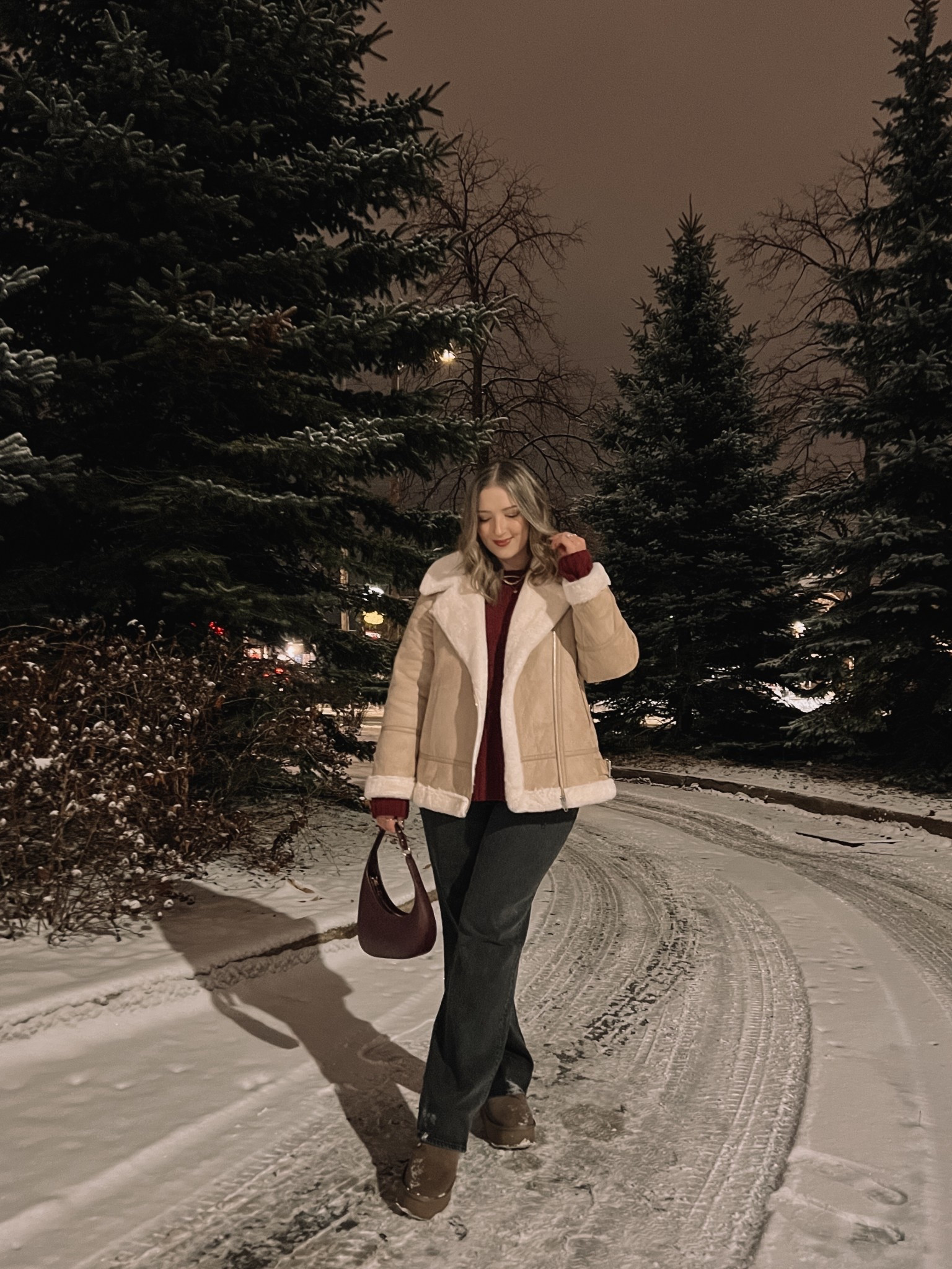 Casual winter outfit of the night! Wearing L in the burgundy sweater and 32 in my fave Abercrombie jeans. Linked similar aviator jacket. Ugg look for less boots are such good quality, I’m usually a 9.5-10 and wear a 10. Burgundy bag is Amazon too and I love it to dress up a winter outfit 

#LTKmidsize #LTKwinter #LTKjeans