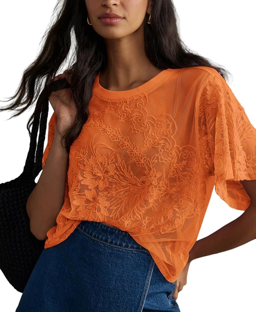 Women's Sexy Mesh Tops Short Sleeve Round Neck Lace 3D Printed Floral Sheer Blouse See Through La... | Amazon (US)