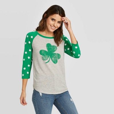 Women's St. Patrick's Day Clover 3/4 Sleeve Raglan T-Shirt - Grayson Threads (Juniors') - Green | Target