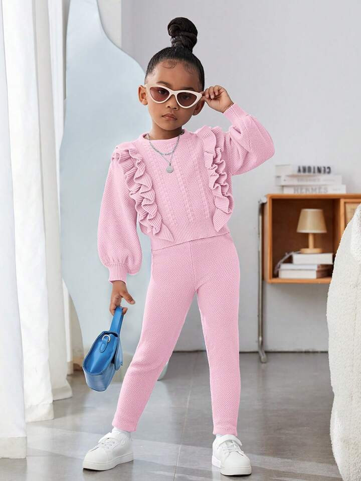 SHEIN Kids Cooltwn 2pcs/set Girls' Ruffle Edge Sweater And Long Pants Outfit | SHEIN
