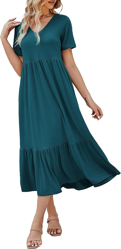 Women's Summer Short Sleeve V Neck Swing Dress Flowy Tiered Maxi Beach Dress with Pockets | Amazon (US)