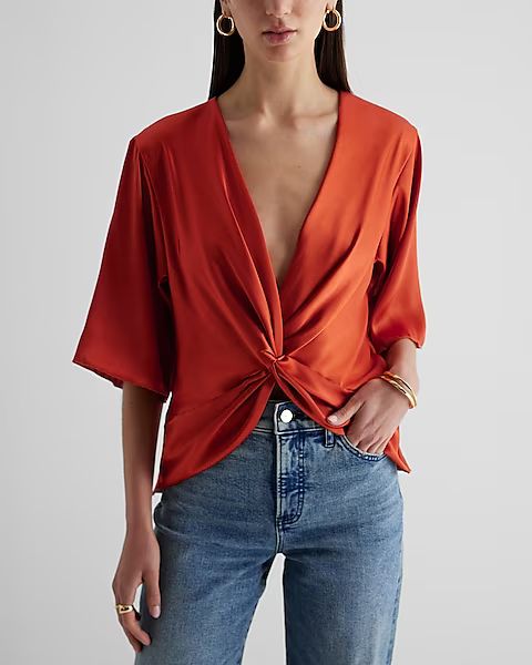 Satin V-Neck Twist Front Top | Express