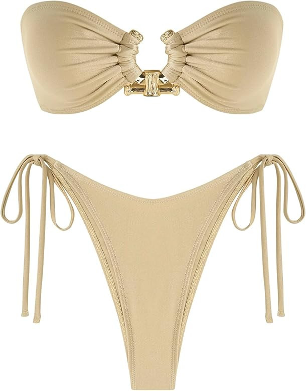 ZAFUL Metal Ring Bandeau Bikini Set Tie Side Bathing Suit High Cut 2 Piece Swimsuit Cutout Swimwe... | Amazon (US)