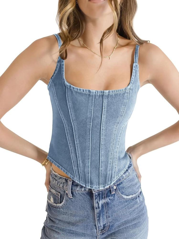 Imily Bela Womens Sleeveless Denim Vest Crop Tank Tops Spaghetti Straps Slim Fit Summer Cami Top | Amazon (US)