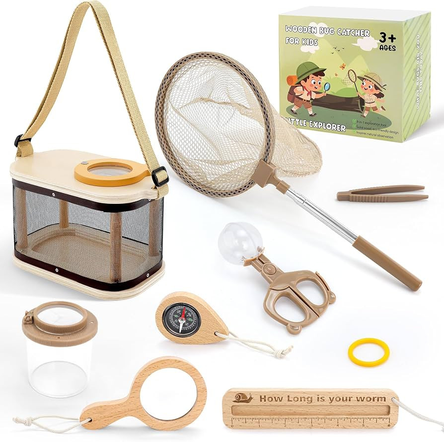 Wooden Bug Catcher Kit for Kids, Outdoor Explorer Nature Discovery Set with Butterfly Net, Bug Ha... | Amazon (US)