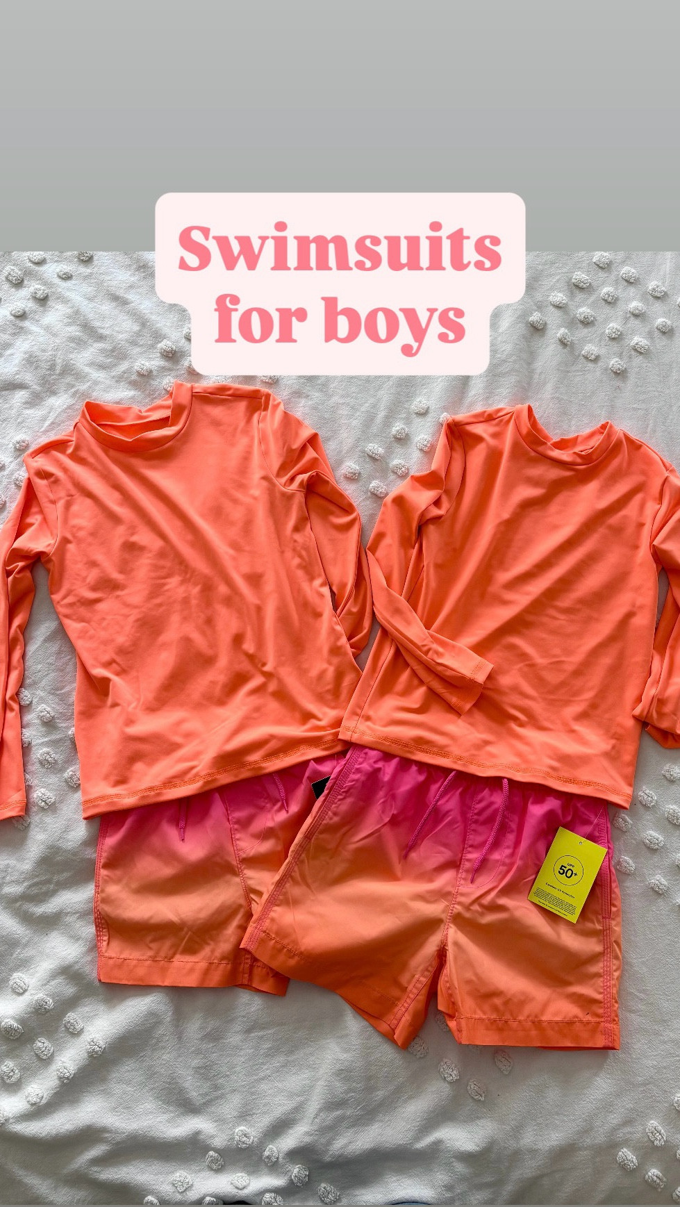 Let’s talk toddler boy / big kid/ little boys bathing suits! I’m all about water safety and orange is one of the top two safest colors for being in the water, whether boating, or swimming, etc. You’ll never not see my kids in this obnoxious color. They finally outgrew their other swim shorts and were in need of some rash guards before our beach and pool vacation, so I found UPF 50 rash guards as well as some nice and thick swim shorts that are the perfect length! The rash guards are $15 and the shorts are $40, but I linked some less pricey versions for ya! These really are really cute for spring break, or just your next vacay! 

#LTKmomlife #LTKSwim #LTKKids