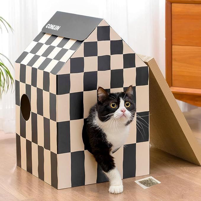 Cardboard Cat House with Scratch Pad & Catnip, Cat Play Scratching House for Indoor Hideaway Furn... | Amazon (US)