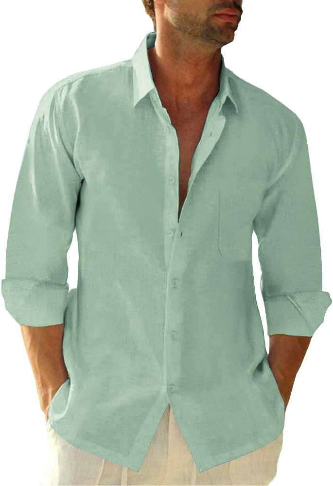 Button Down Linen Shirts for Men Casual Long Sleeve Regular Fit Cotton Beach Shirts with Pocket | Amazon (US)