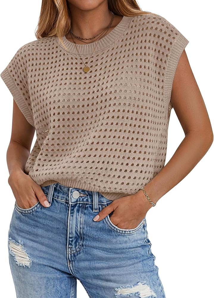 Zeagoo Womens Spring Summer Crochet Tops Cap Sleeve Sweater Vest Hollow Out Pullover Shirts Beach... | Amazon (US)