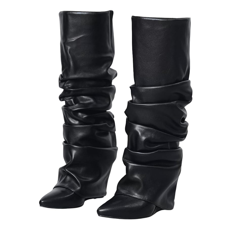 Yishaweiqi Slouched Ruched Fold Over Boots for Women Covered Wedge Heel Patent Leather Knee High ... | Amazon (US)