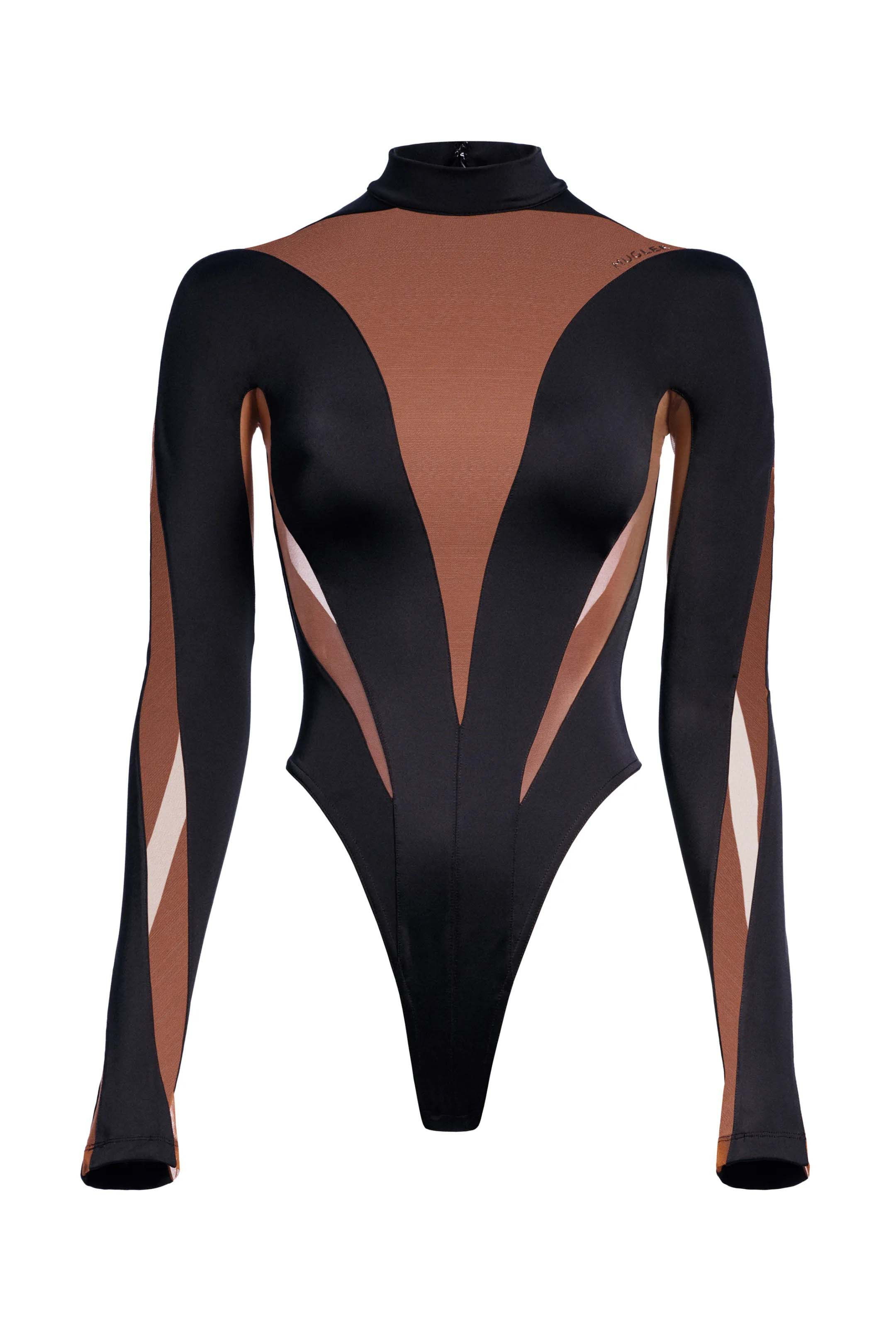 Women's Mugler H&M MeshPaneled Bodysuit in Dark Brown/Black | StockX