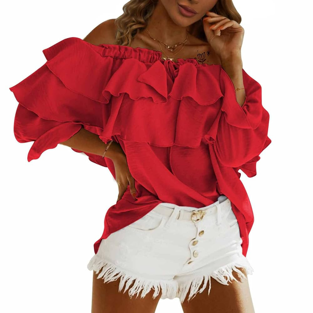 Byinns Women's Off Shoulder Ruffle Trendy Summer Fashion Long Sleeve Blouse Sexy Dressy Casual Ou... | Amazon (US)