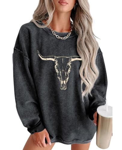 UNIQUEONE Boho Cow Skull Sweatshirt Women Cowgirl Shirt Rodeo Western Country Concert Outfits Nashville Graphic Pullover Tops Grey | Amazon (US)