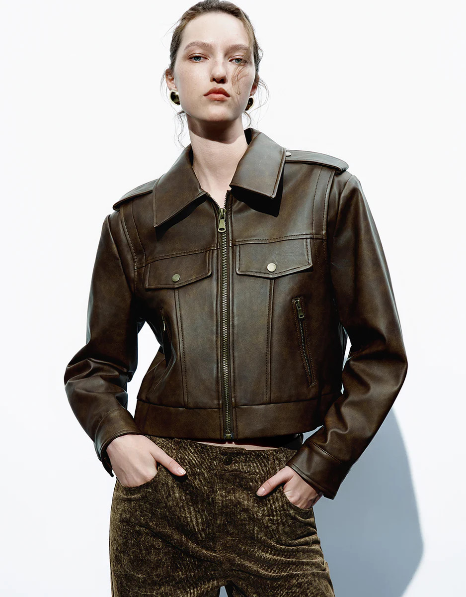 Zipper Front Distressed Vegan Leather Jacket | Urban Revivo