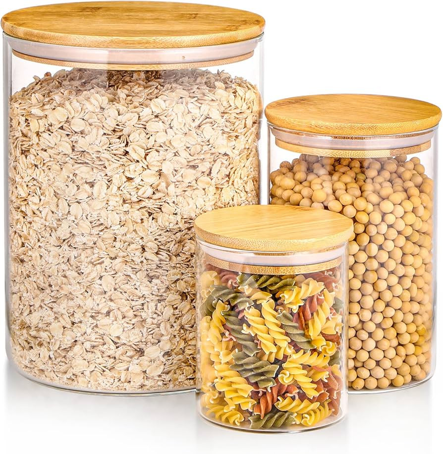 3 Packs Extra Large Size Glass Food Storage Jars Set 95/32/14 oz,Clear Glass Flour Sugar Canister... | Amazon (US)