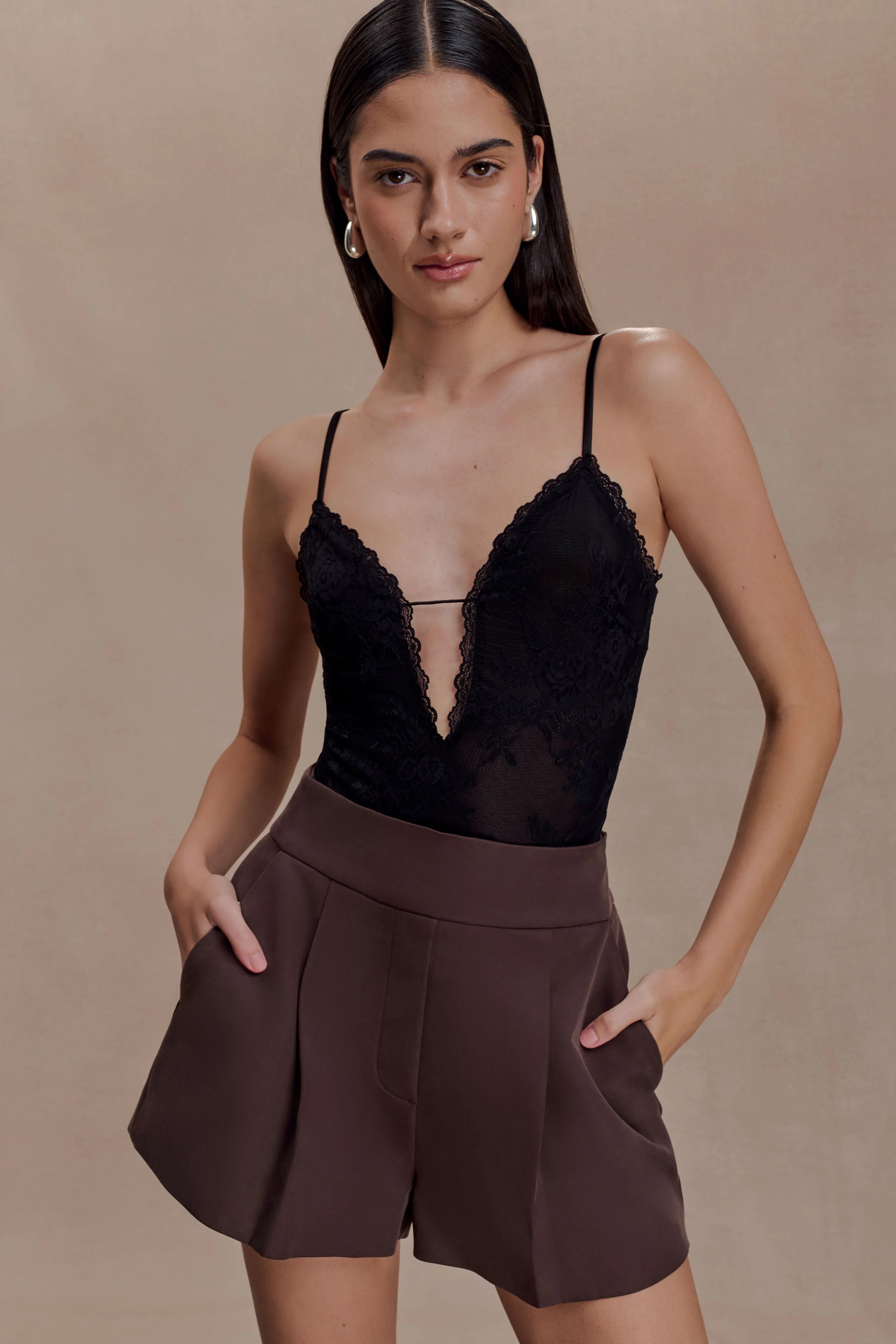 Jasper Sheer Plunge Lace Bodysuit - Black | MESHKI US