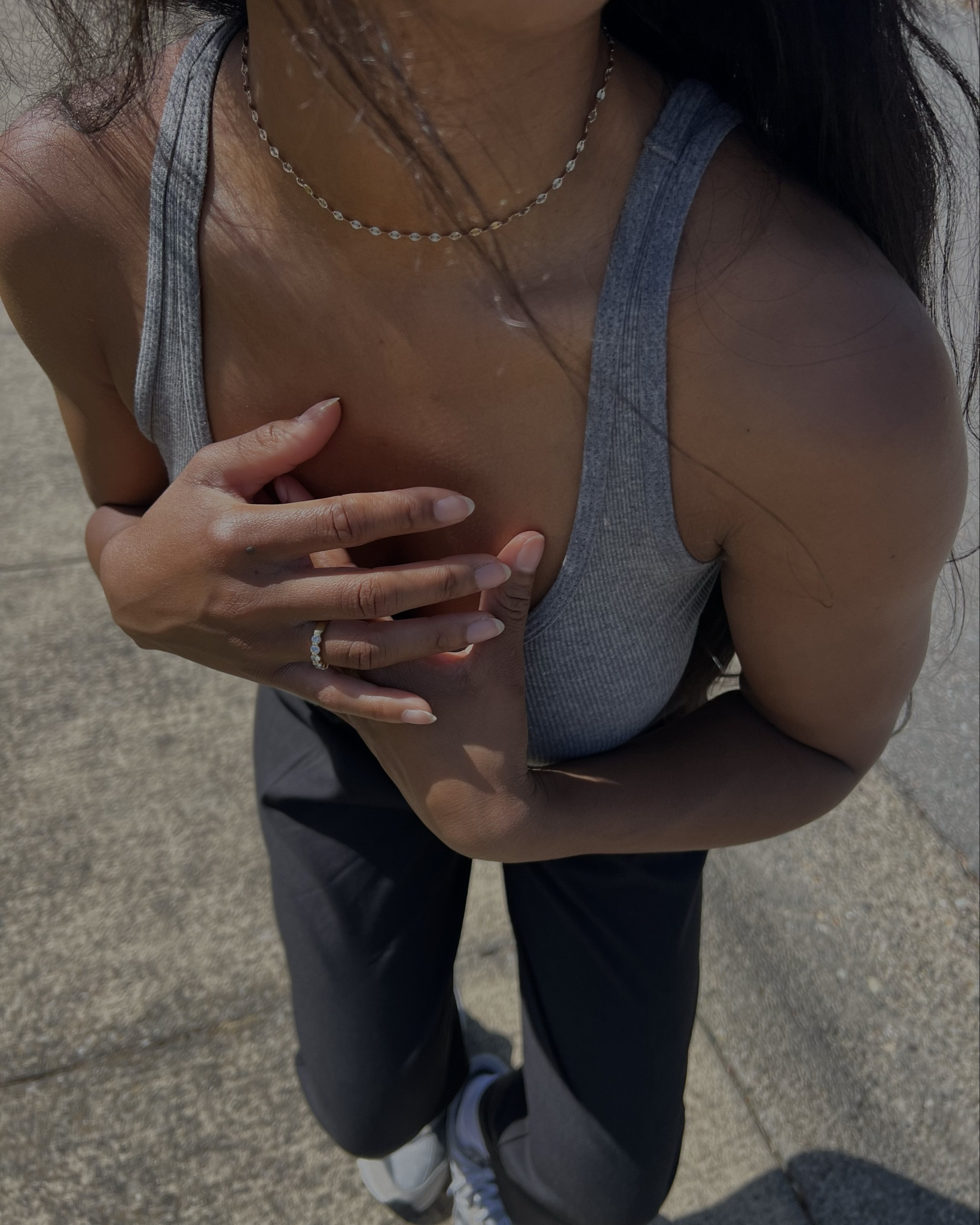 grey tank, grey slacks, white socks, grey new balances.

#LTKStyleTip