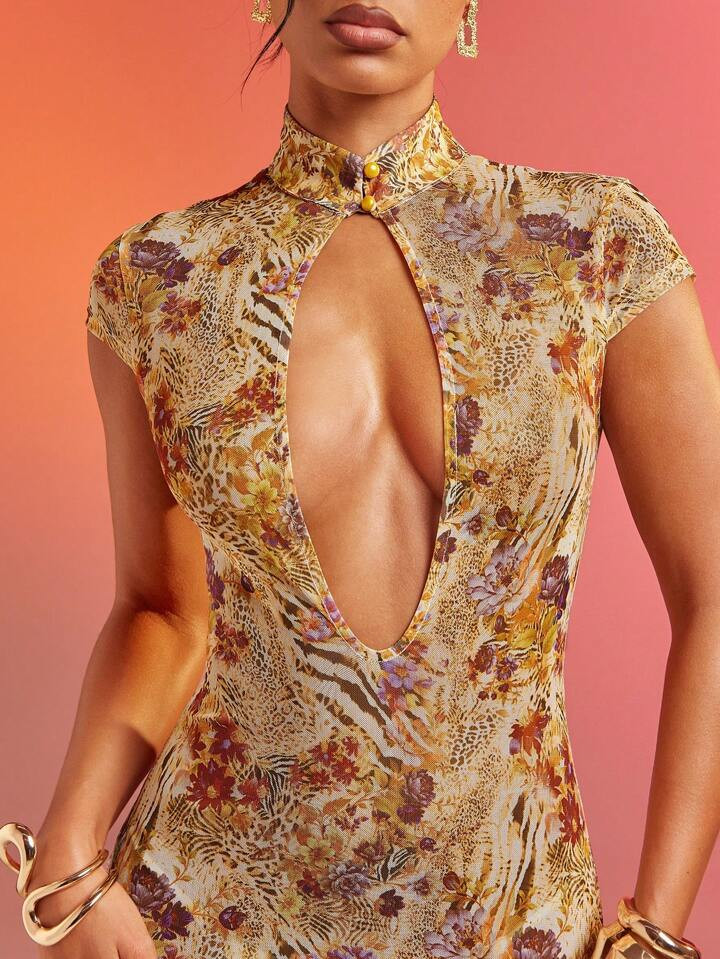 Hauture Abstract Floral Animal Print Lace Mesh Dress Vacation Dress | SHEIN