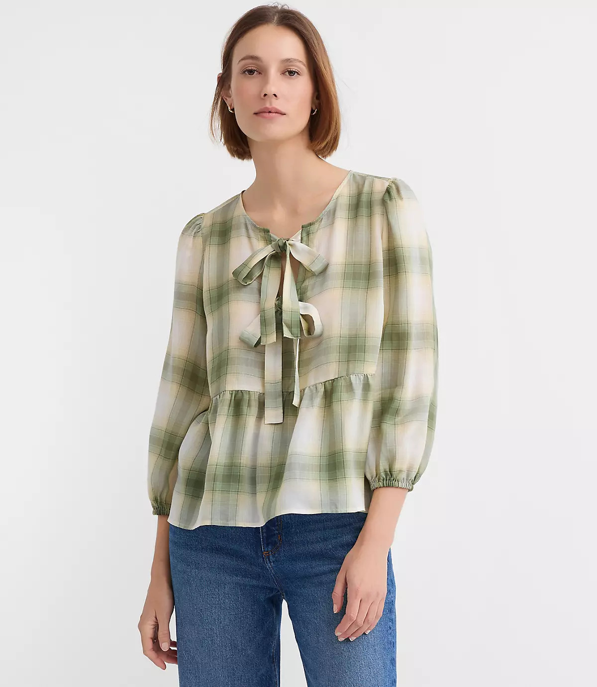 Petite Plaid Bow Peplum Top | LOFT