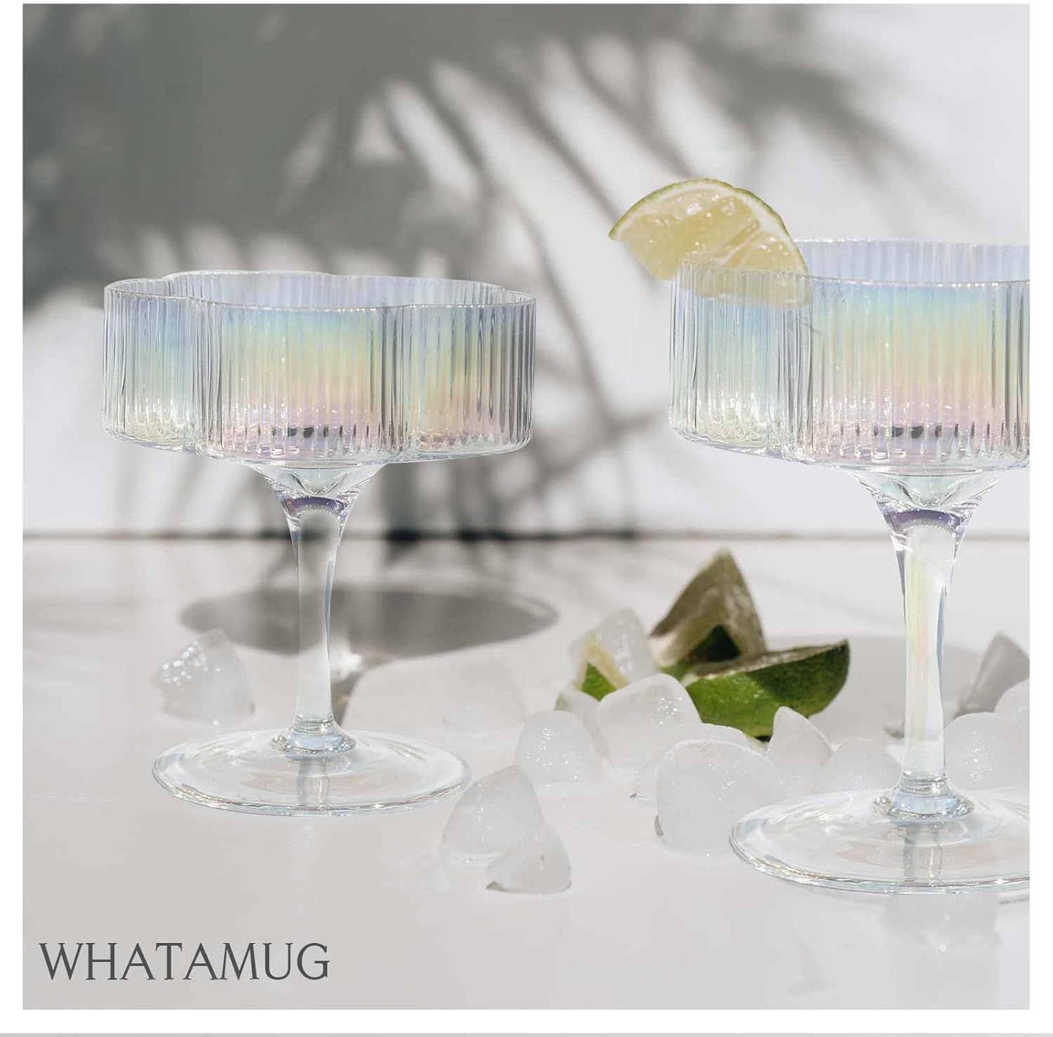 whatAmug Set of 2 Iridescent Cocktail Glasses, Rainbow Ribbed Coupe Glasses, Margarita Glass Set ... | Amazon (US)