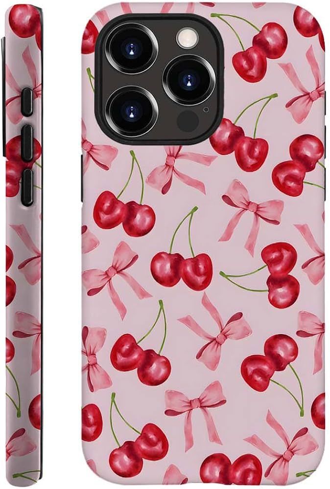 Case Compatible with for iPhone 14 Pro Max,Pink Cherry fruit Ribbon bow Phone Case Drop Protectio... | Amazon (US)