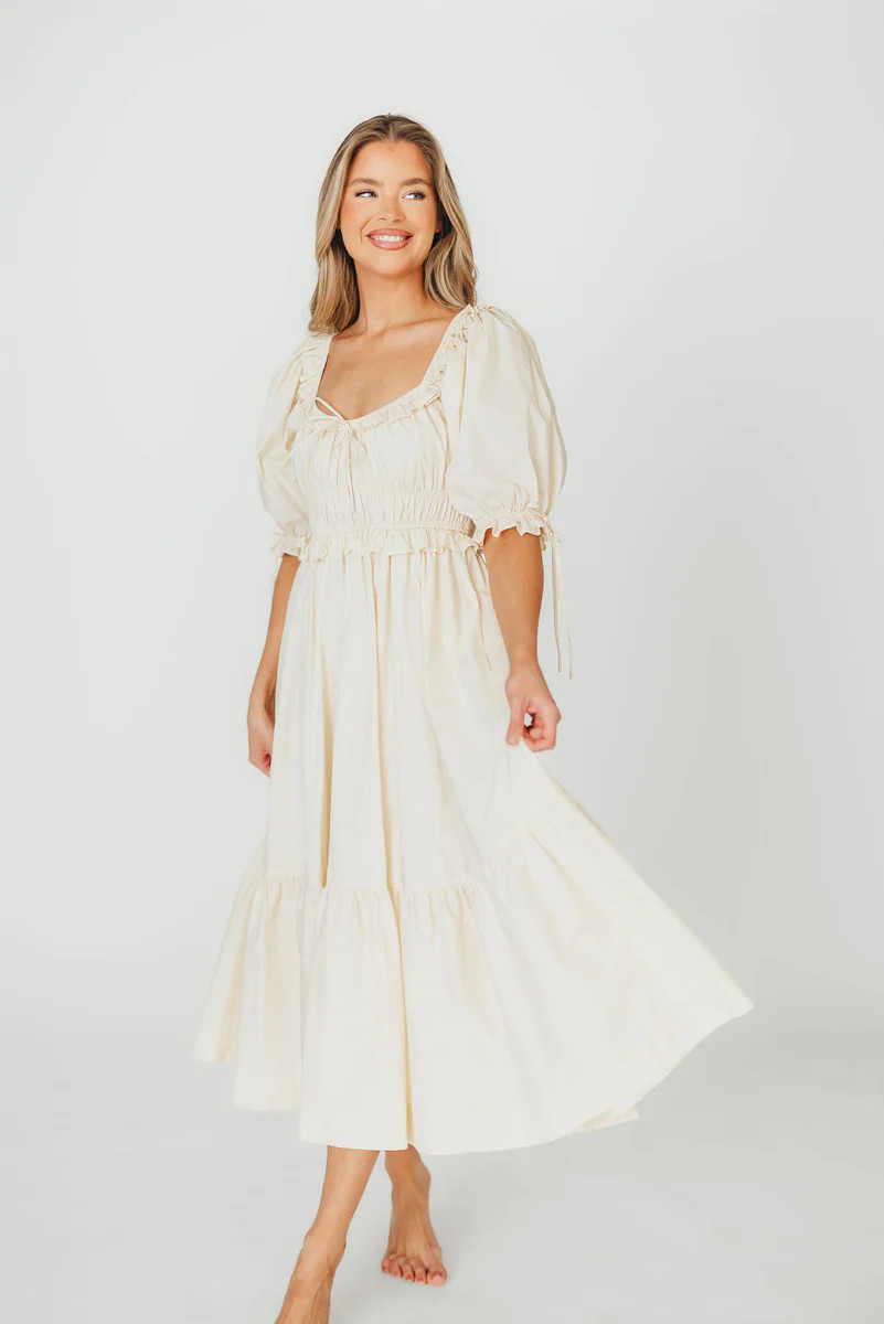 100% Cotton Crissy Ruched Midi Dress in Cream - Bump Friendly | Worth Collective