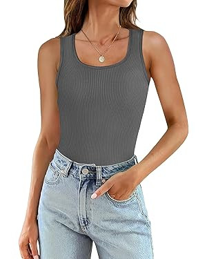 WIHOLL Womens Ribbed Tank Tops 2024 Summer Scoop Neck Slim Fitted Tops Casual Basic Knit Sleevele... | Amazon (US)