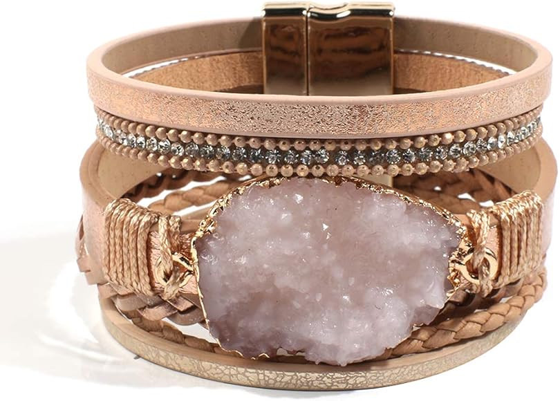 Artilady Leather Wrap Bracelet for Women - Handmade Clasp Bangle Bracelet with Pearl Druzy Crysta... | Amazon (US)