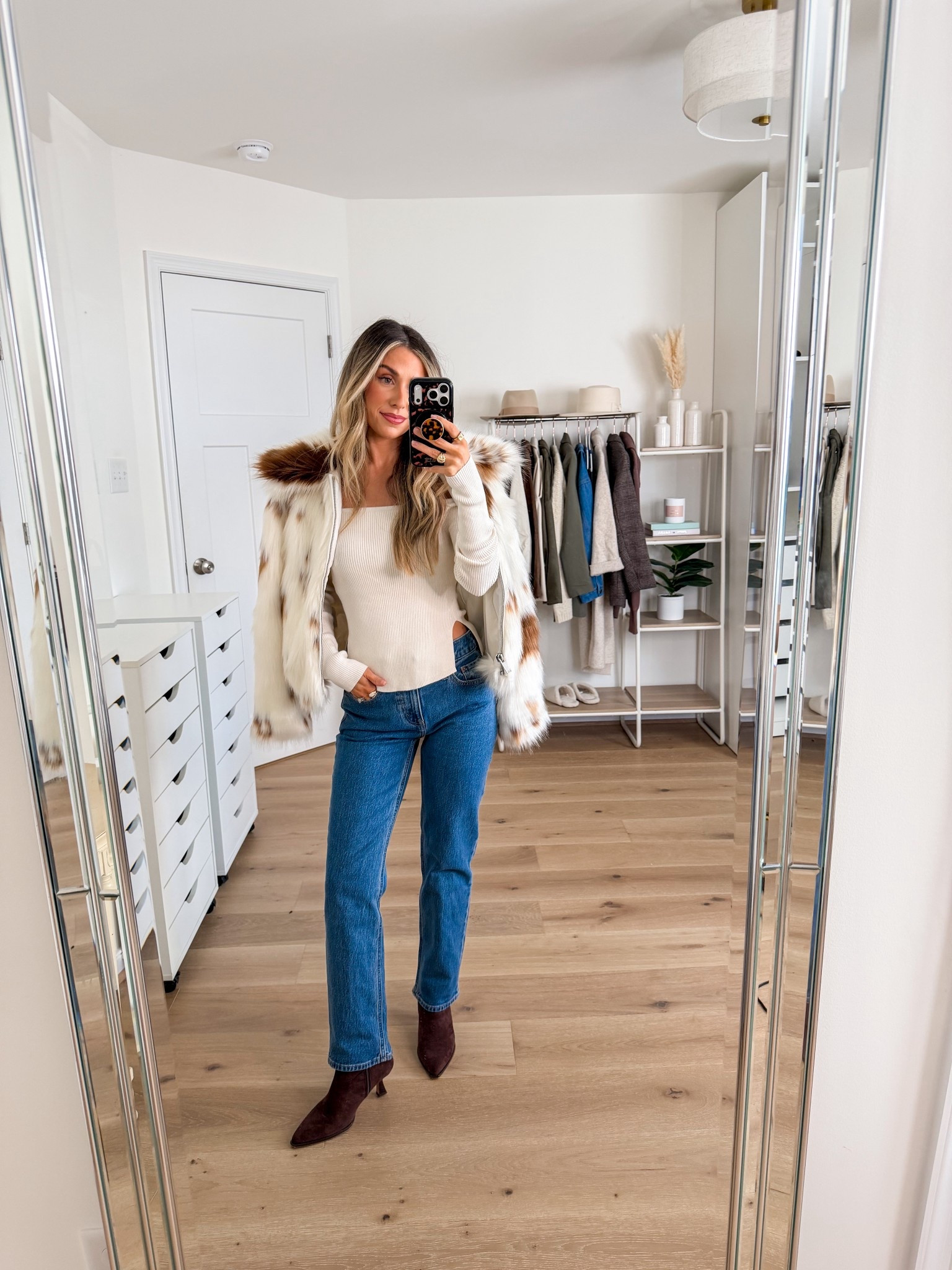 Winter date night outfit 
+ cow print faux fur coat: xxs
+ top: xs
+ mid rise 90s straight jeans: 24 short 
+ boots: true to size 

Date night outfit 
Date night ootd 
Fur jacket 
Fur coat 
Off the shoulder top 
Abercrombie jeans 
Valentines outfit women 

#LTKSeasonal #LTKootd #LTKValentine