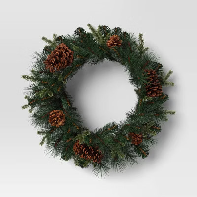 24" Mixed Greenery with Pinecones Artificial Christmas Wreath Green - Wondershop™: Indoor/Outdo... | Target