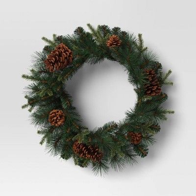 24" Mixed Greenery with Pinecones Artificial Christmas Wreath Green - Wondershop™ | Target