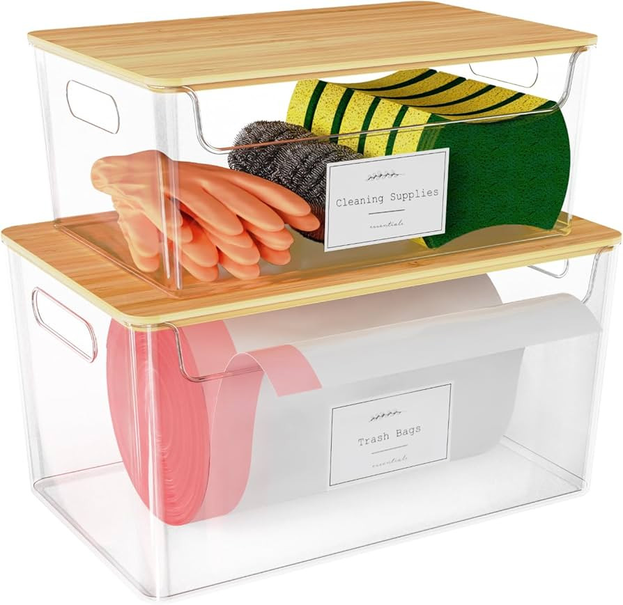 2 Pack Trash Bag Holder Under Sink Stackable, Plastic Garbage Bag Dispenser with Lid, Trash Bag S... | Amazon (US)