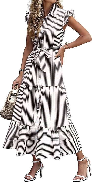 Caracilia Womens Summer Casual Ruffle Cap Sleeve Maxi Dress Button Down Striped Plaid Tie Waist V... | Amazon (US)