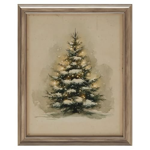 llguiidecal Vintage Watercolor Christmas Tree Wall Art Print, Rustic Snowy Pine Tree with Lights, Holiday Watercolor Winter Decor, Farmhouse Christmas Painting Print (11X14 Inch-Unframed) | Amazon (US)